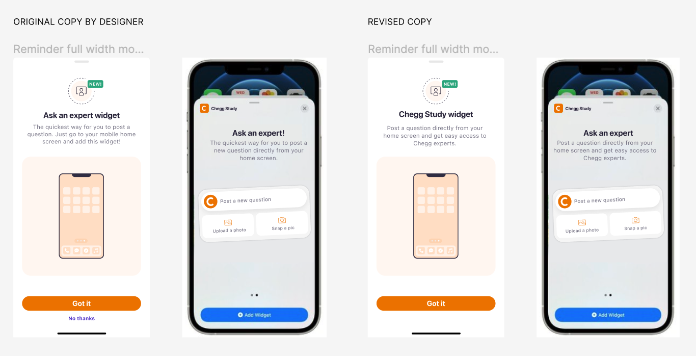 Ask an expert widget comparison showing original vs revised copy