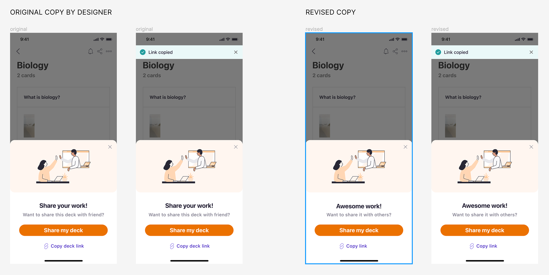 Ask an expert widget comparison showing original vs revised copy