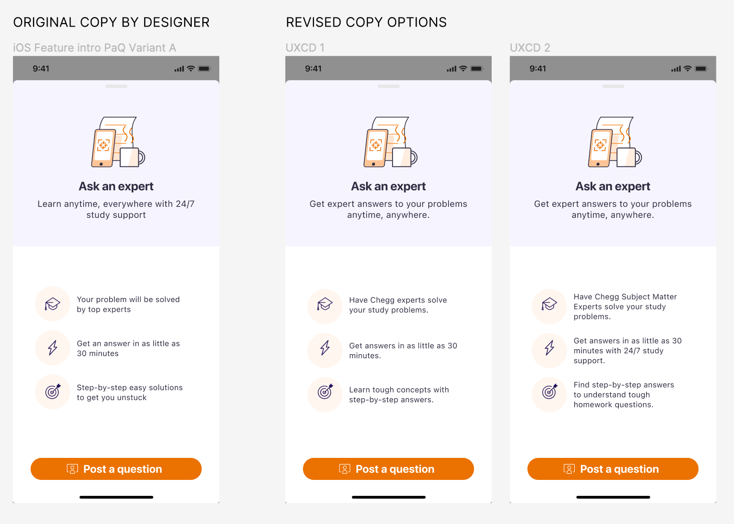 Ask an expert widget comparison showing original vs revised copy