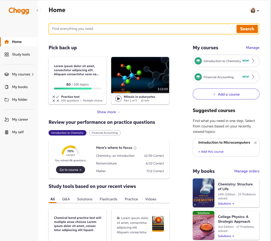 Study Tools Redesign mockups
